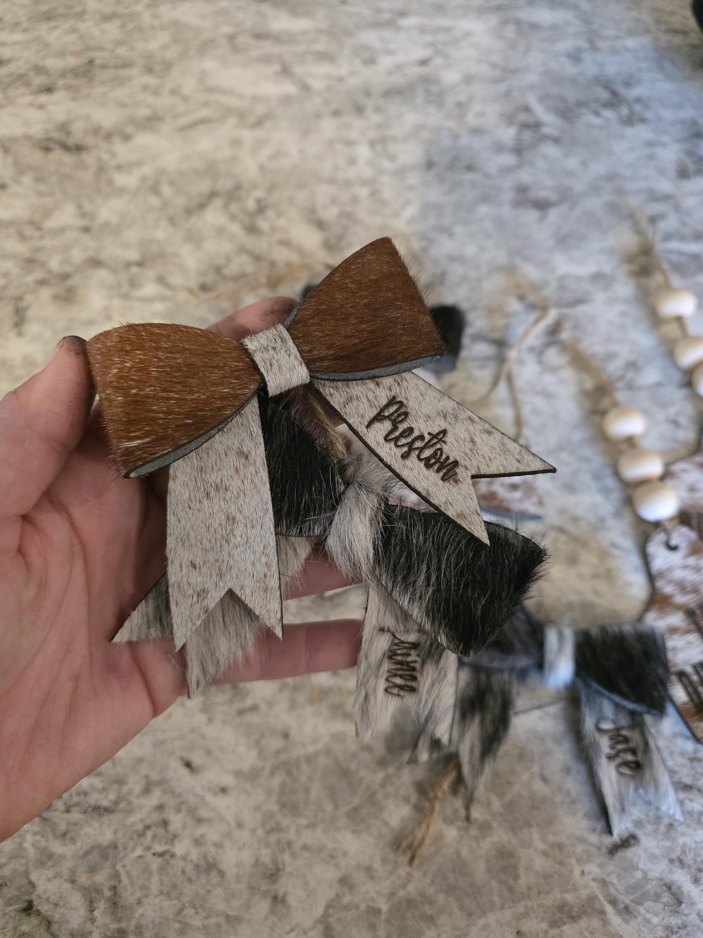 Cowhide Christmas Bow ornaments